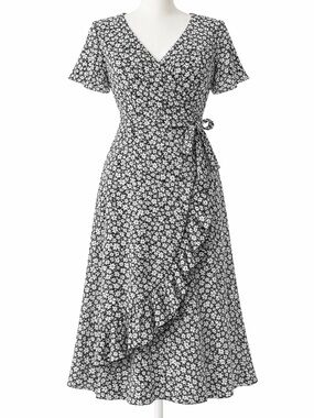 SHEIN Black and White Floral Wrap Midi Dress